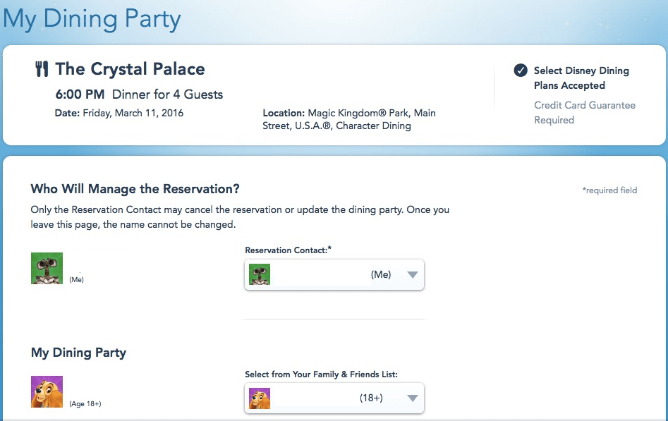 Selecting the Dining Party
