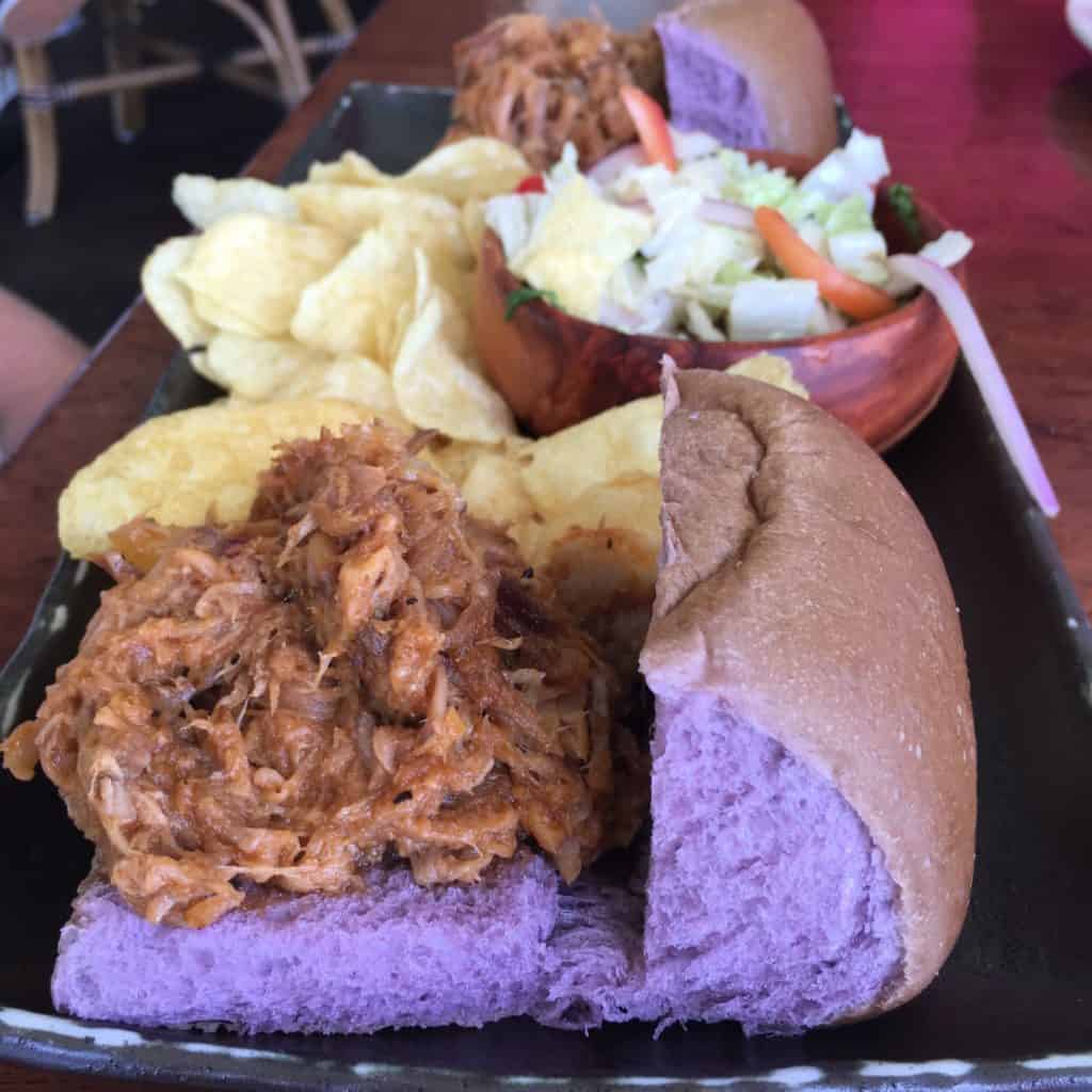 Slow roasted seasoned pulled pork on sweet local taro buns & served with Asian slaw & Maui style chips
