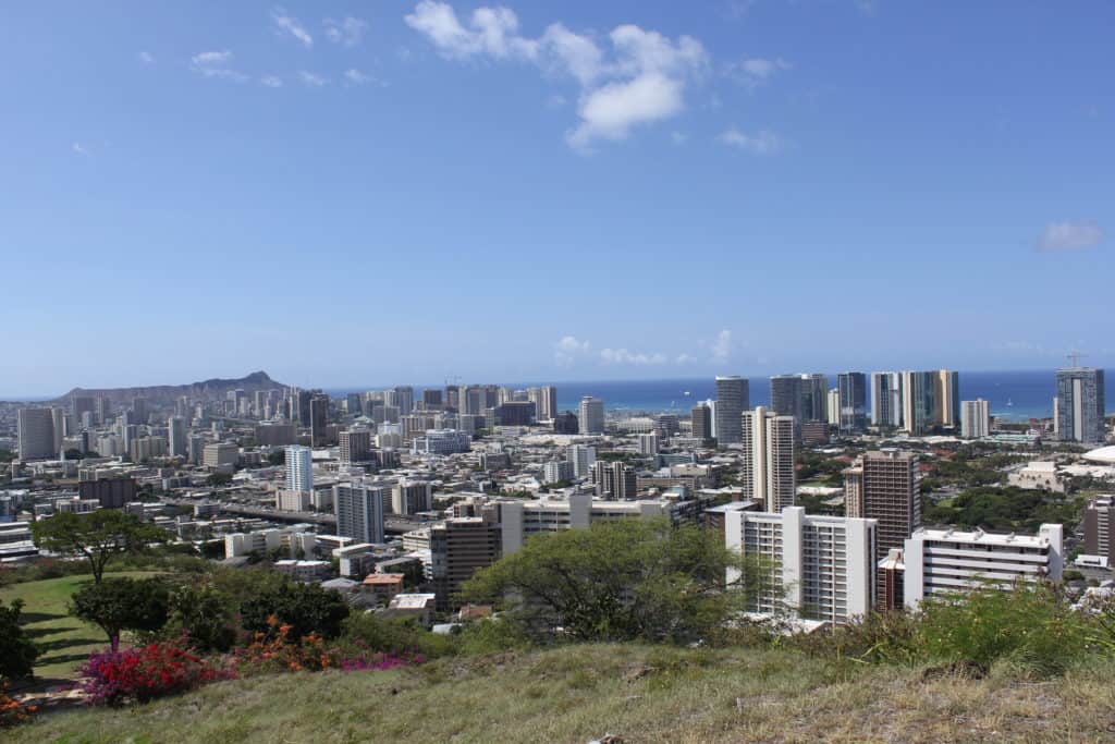 View looking at Waikiki from overlook at the National Cemetery of the Pacific