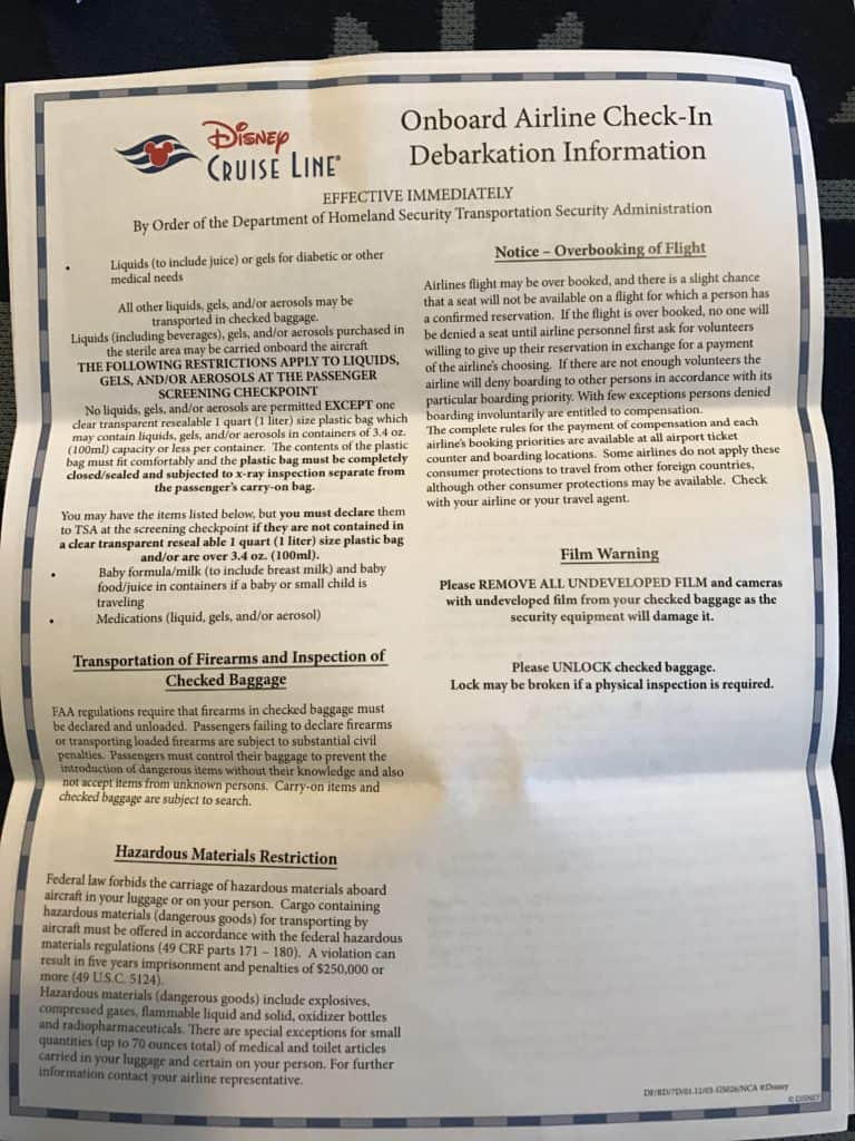 Check-In Information Back Page