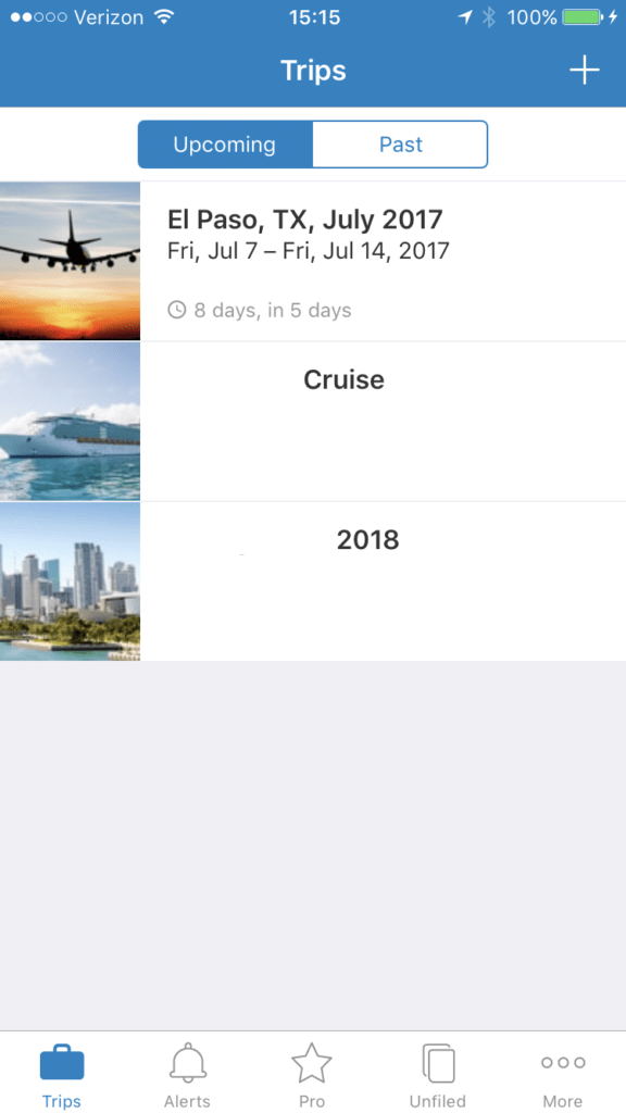 Mobile TripIt App showing upcoming trips
