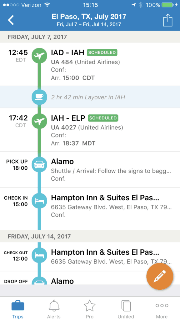Mobile TripIt App showing trip details