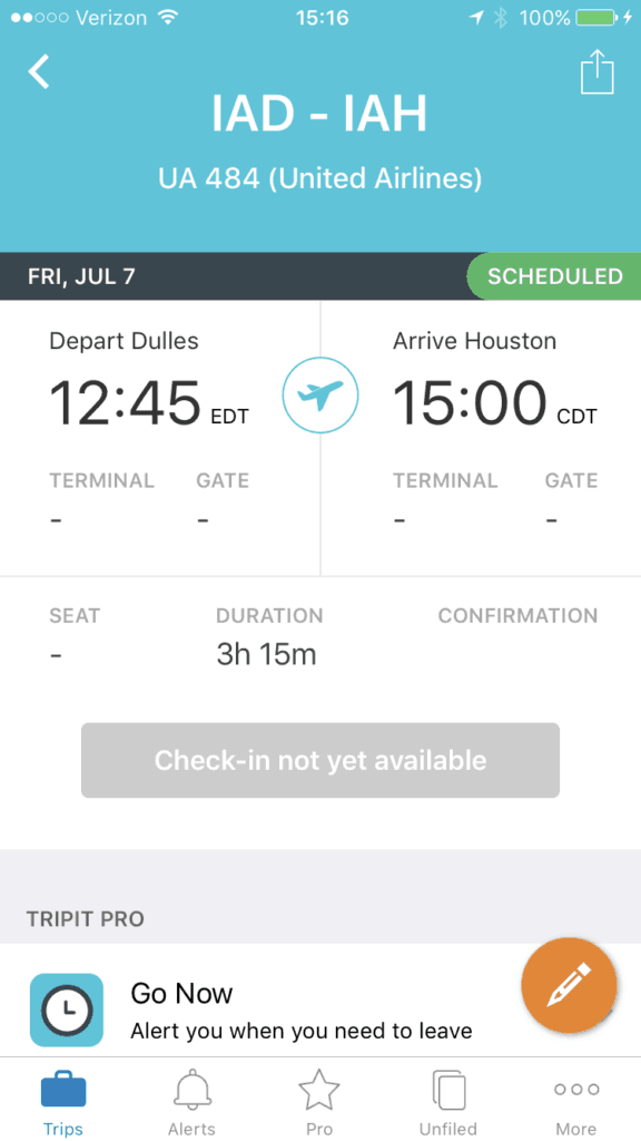 Mobile TripIt App showing flight details