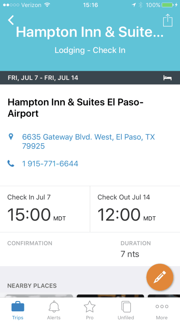 Mobile TripIt App showing lodging details