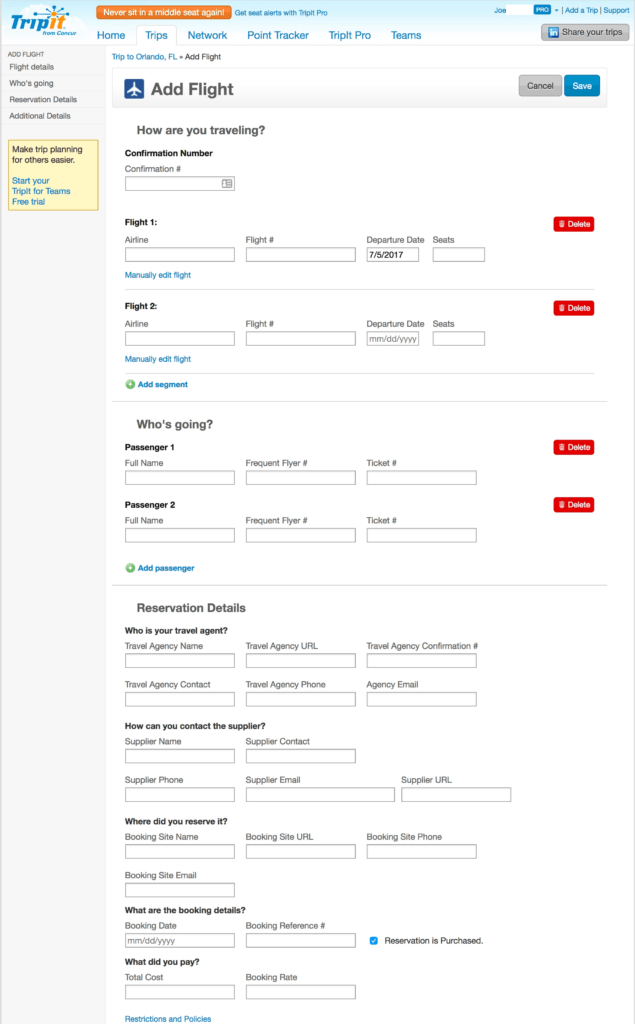 Manually Adding Flight Information