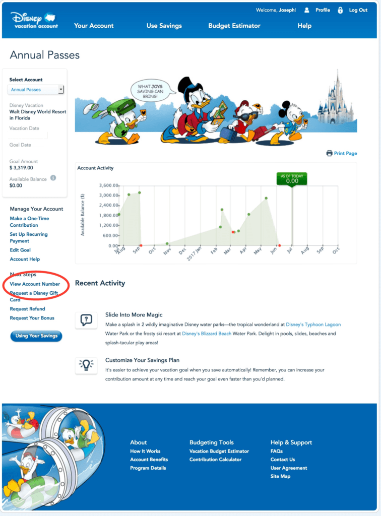 Disney Vacation Account Screen