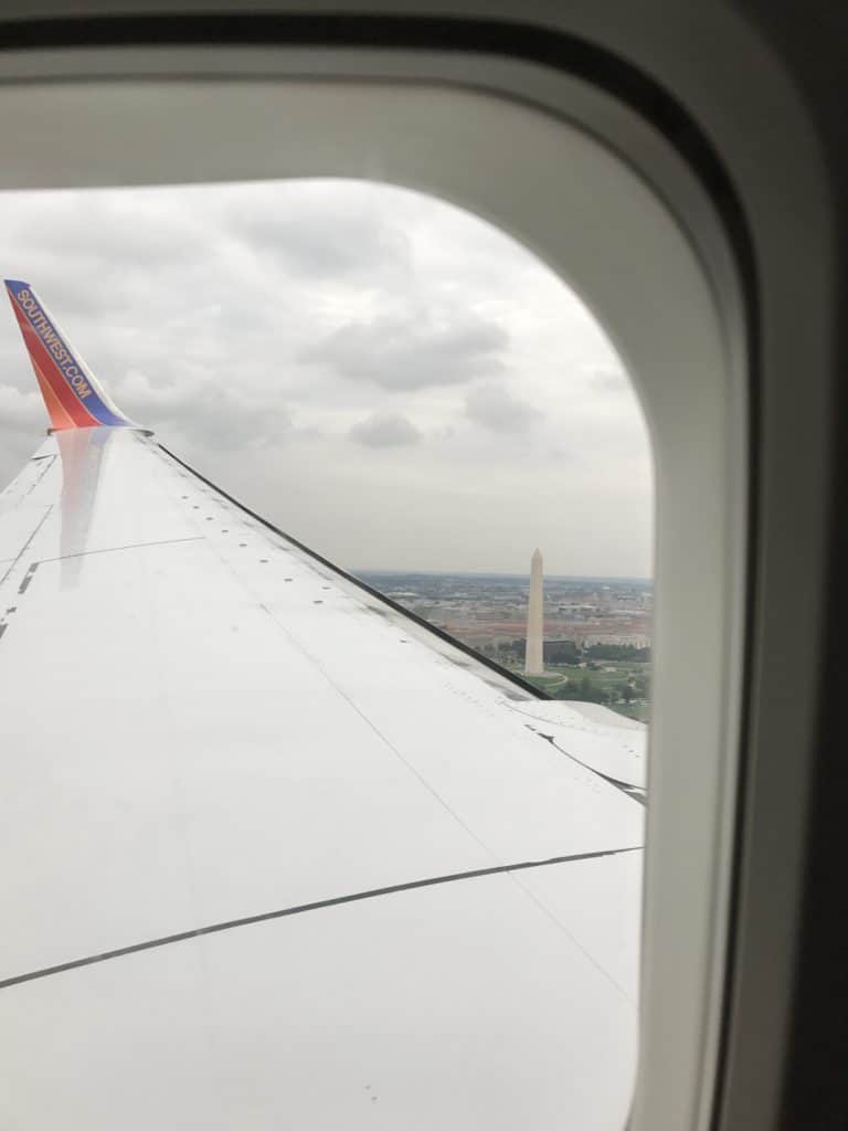 View of the Washington Monument while landing