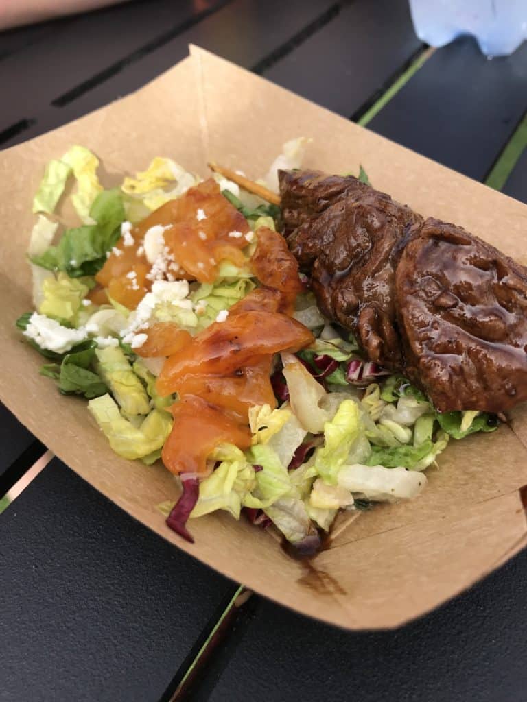 Grilled Beef Skewer with Romaine, Apricots, and Feta Cheese