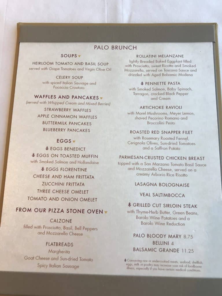 Palo Brunch Entree Menu