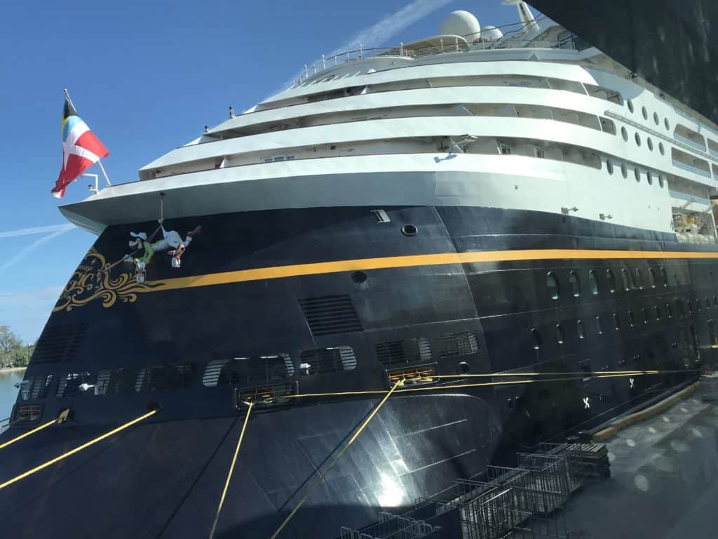 Goofy on the back of the Disney Magic
