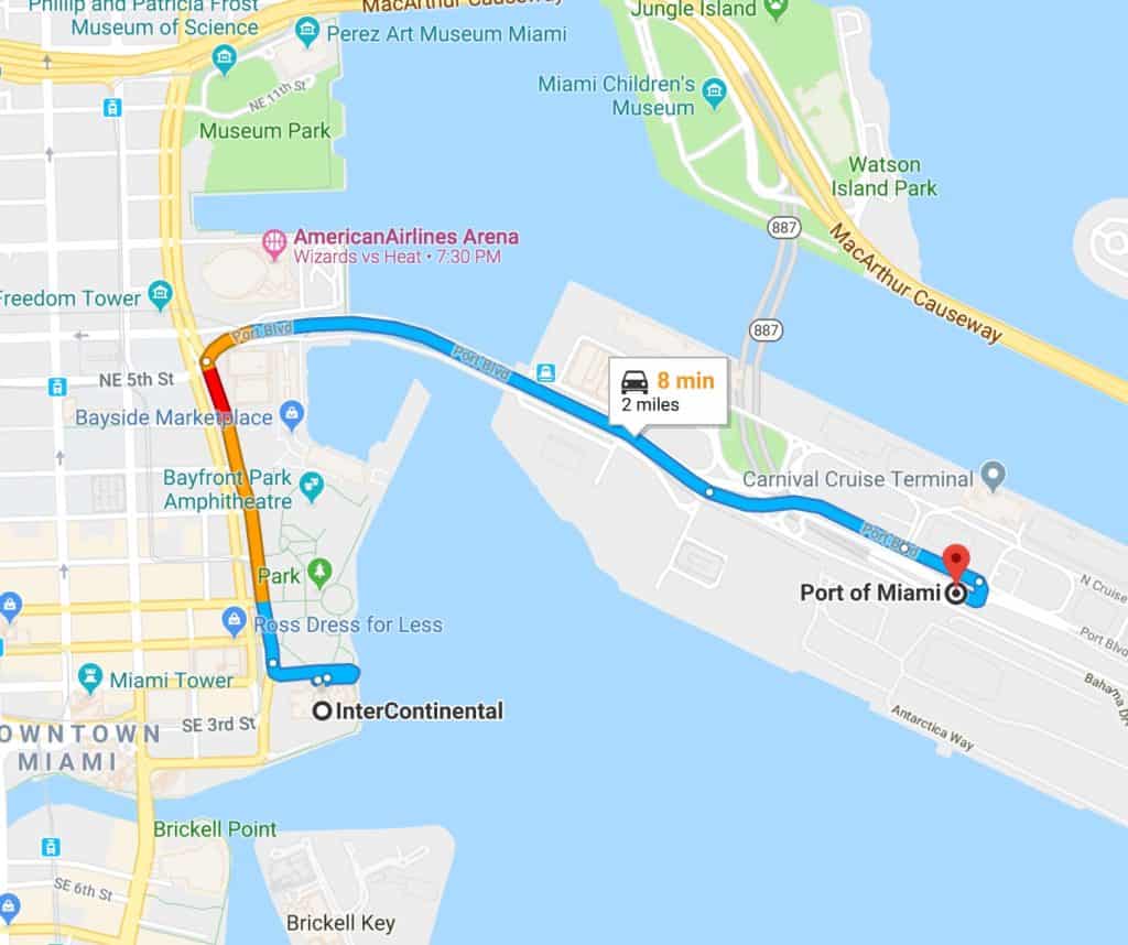Route from InterContinental Miami to Port of Miami