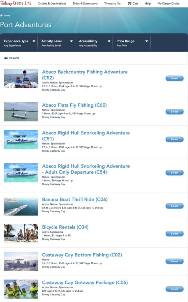 Available Castaway Cay Adventures