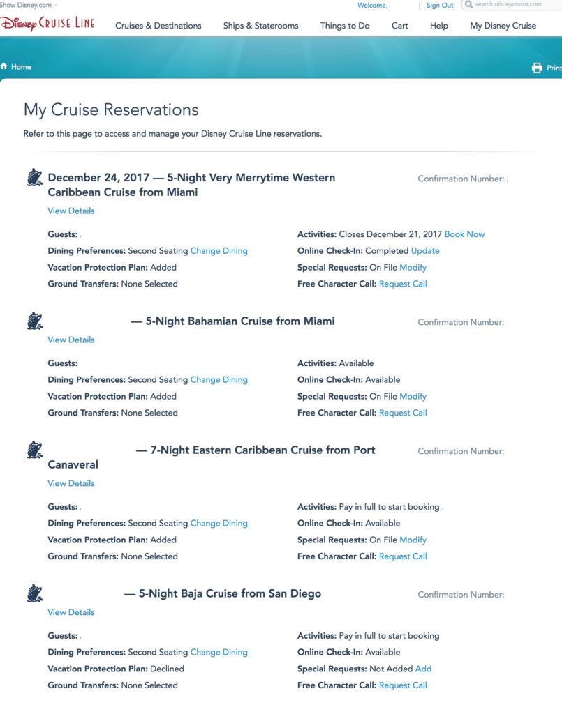 My Cruise Reservation Page