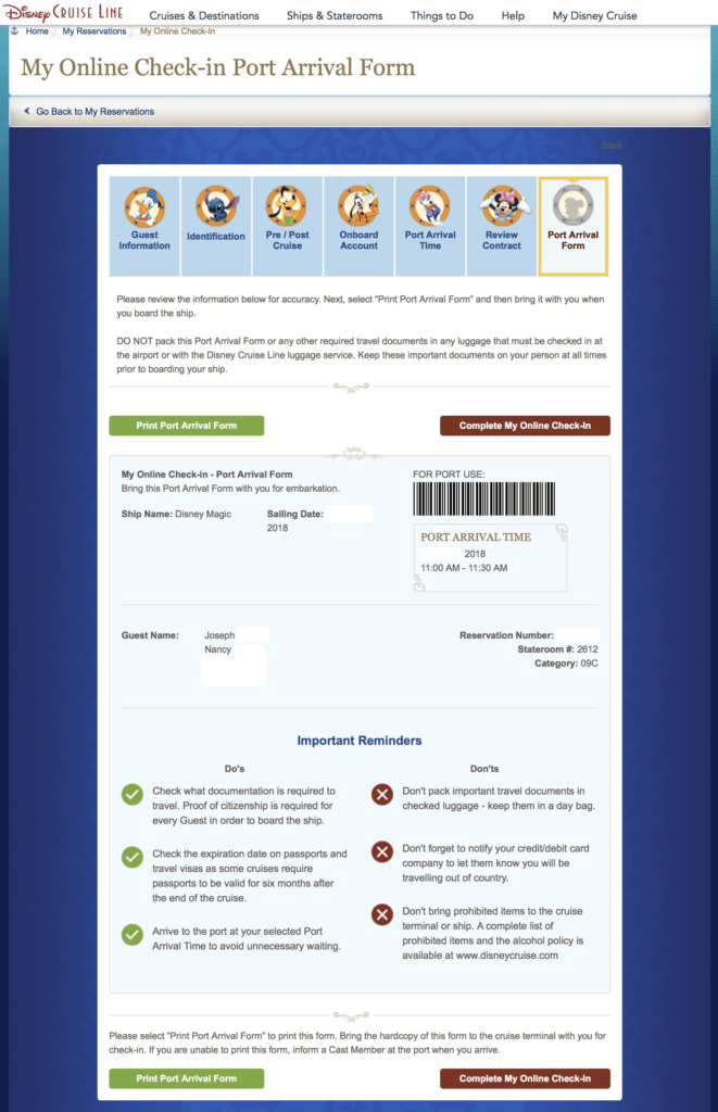 My Online Check-in Port Arrival Form