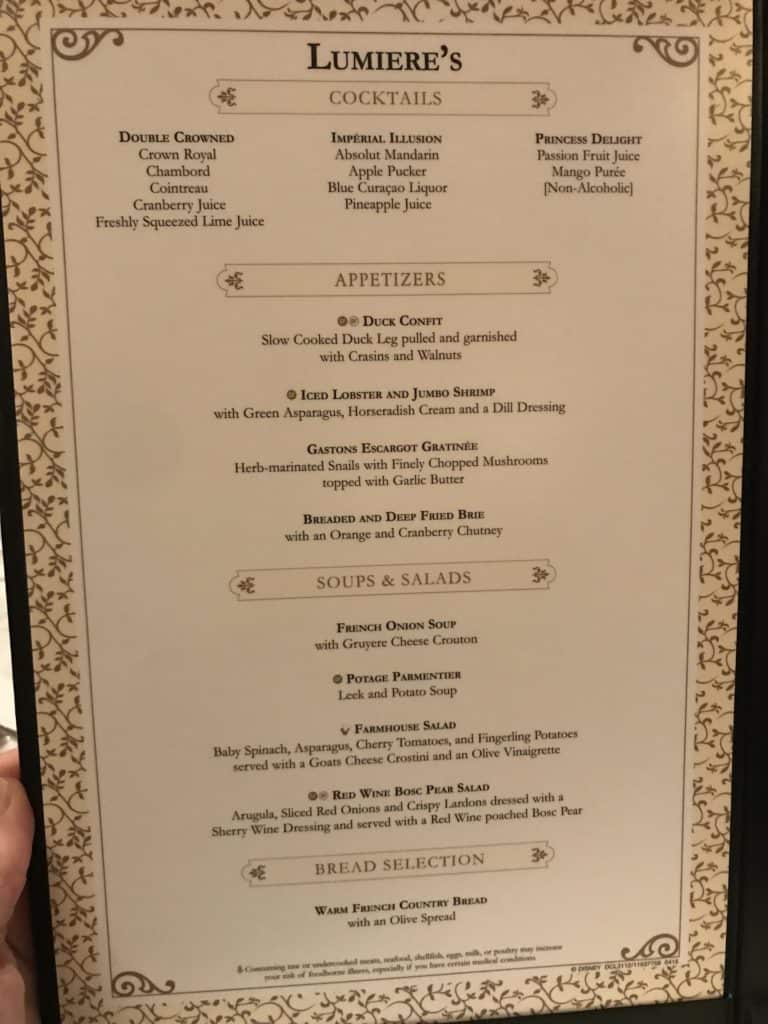 Lumiere's Menu