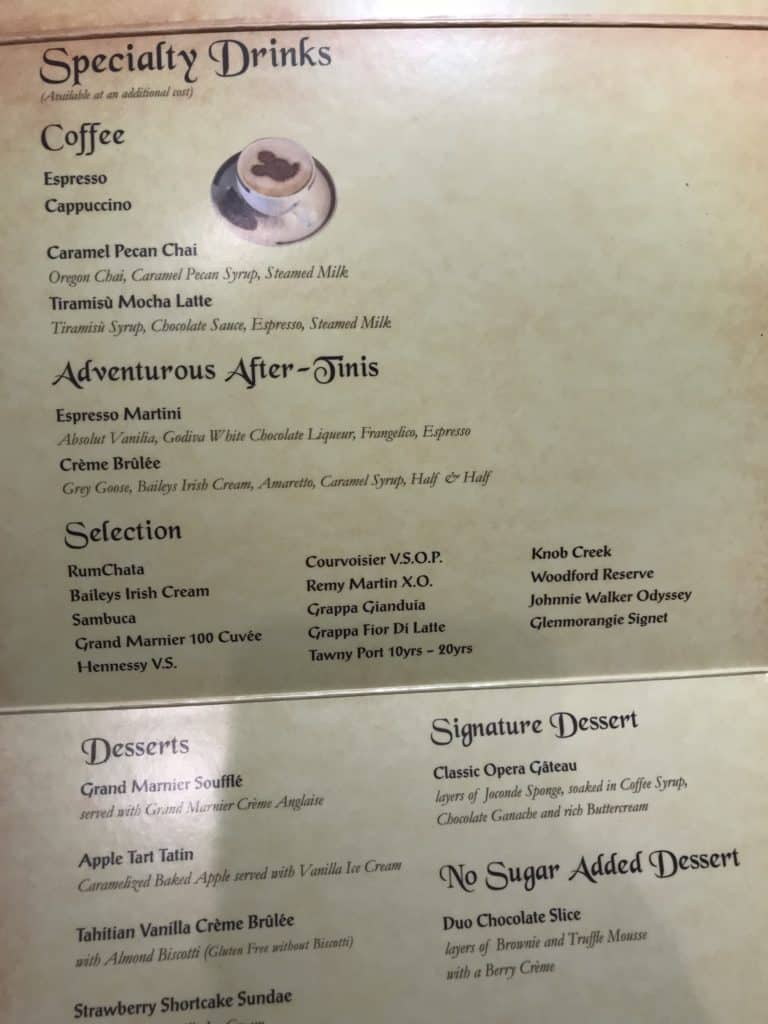 Dessert Menu - Coffee and Alcohol Selections