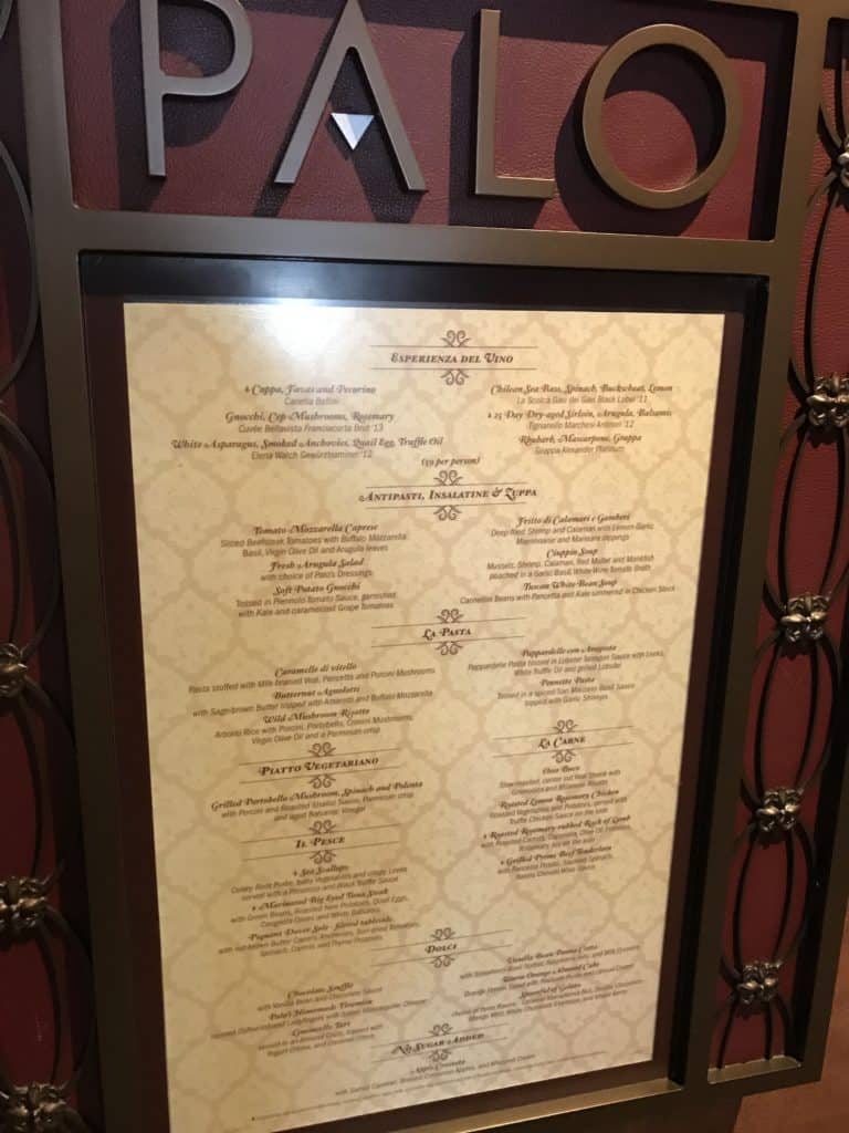Posted Dinner Menu for Palo on the Disney Fantasy