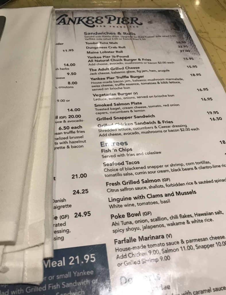 Menu for the Yankee Pier