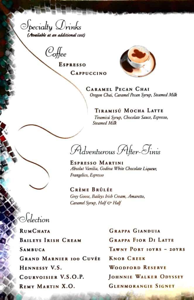 Dessert Menu - Coffee and Alcohol Selections