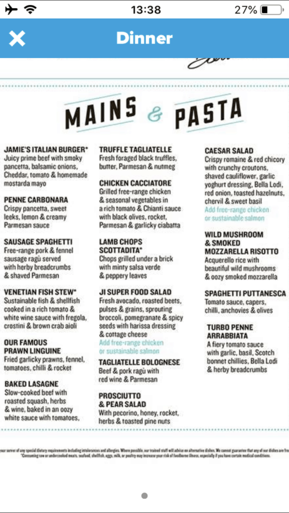 Jamie Italian Menu