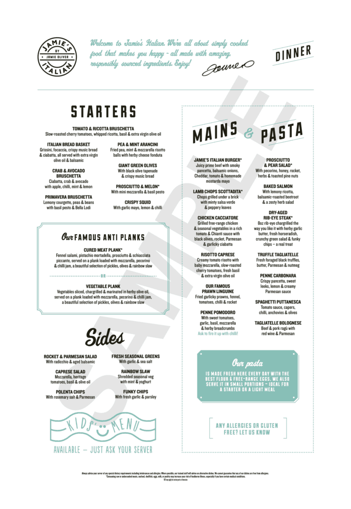 Jamie's Italian Menu