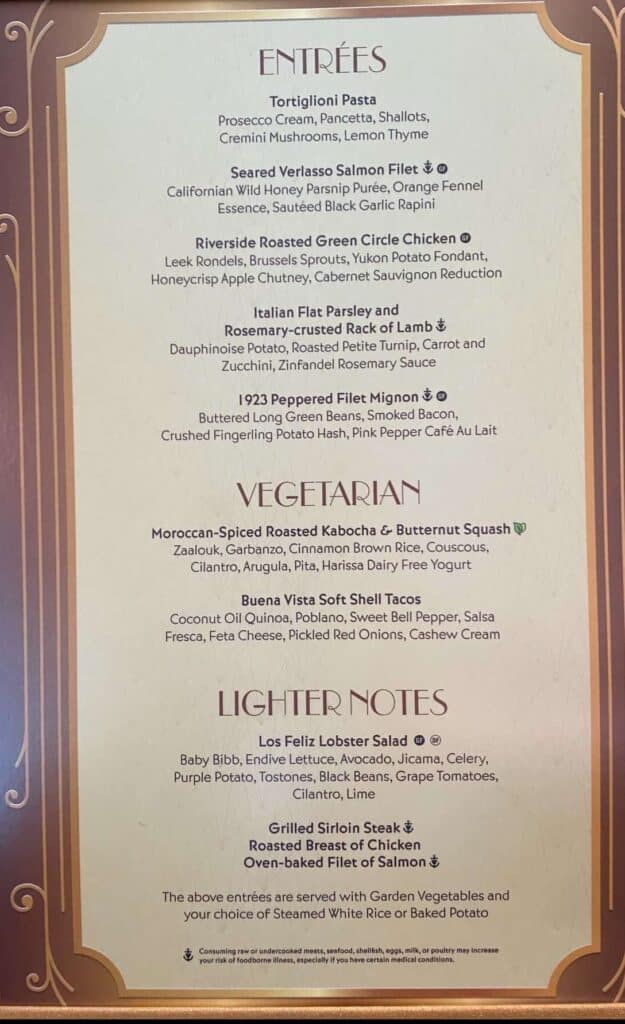 Entrees, Vegetarian Options, and Light Notes Options