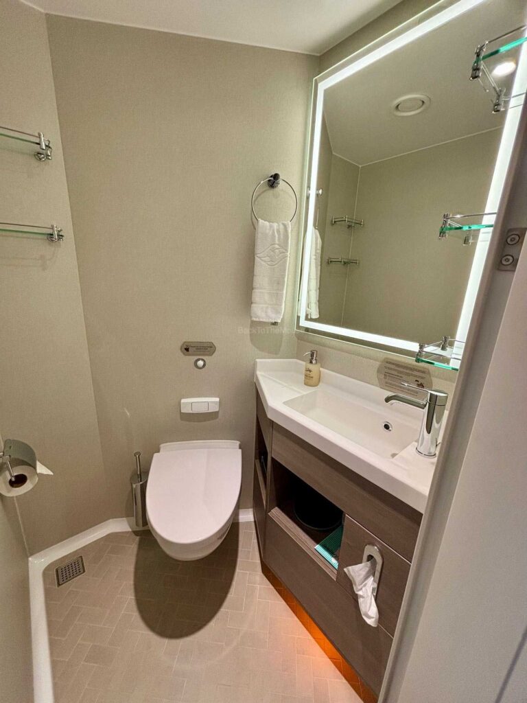 Interior view of a modern cruise ship bathroom featuring a toilet, sink, and illuminated mirror against a light-colored wall.