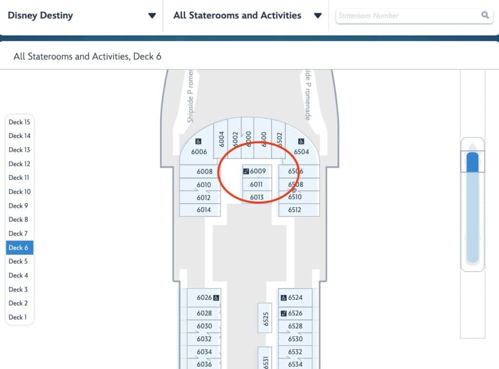 Map of Deck 6 on the Disney Destiny, highlighting Stateroom 6009, an 11B Standard Inside Stateroom.