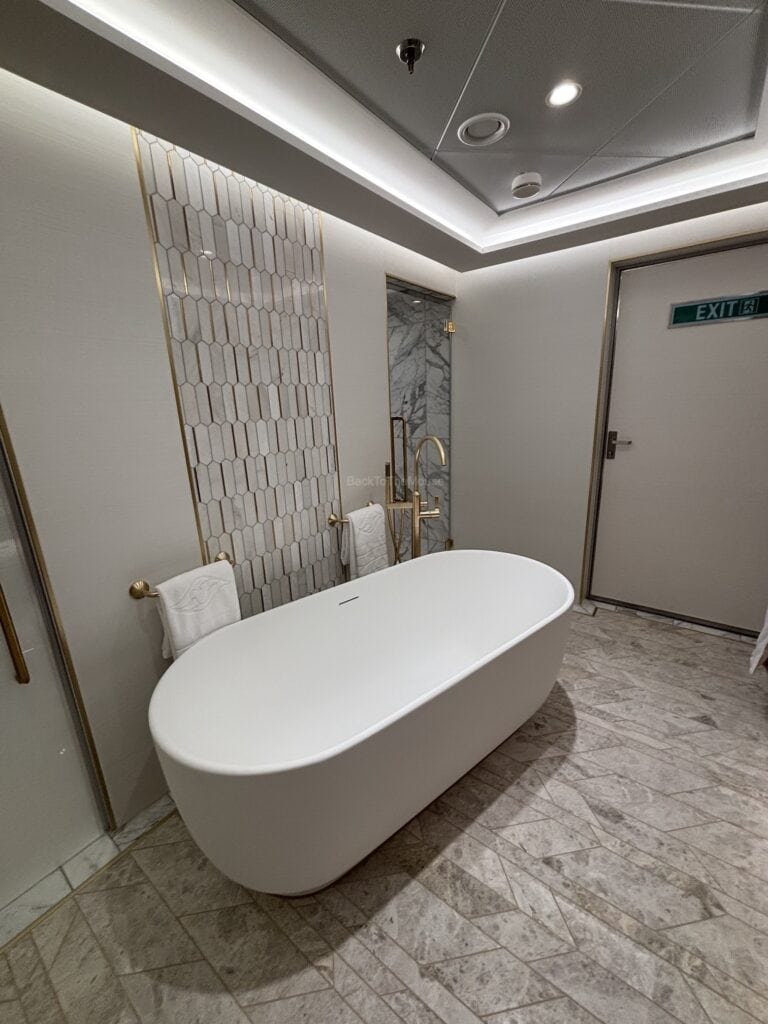 Modern bathroom featuring a freestanding white bathtub, elegant tilework, and stylish fixtures.
