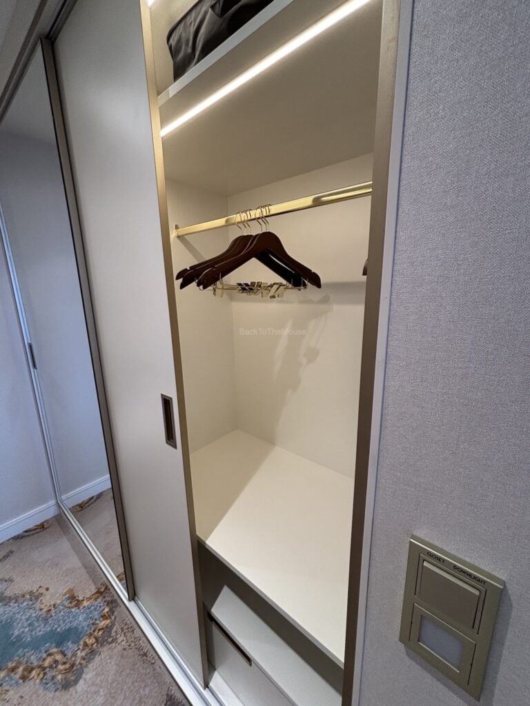 Interior view of a cruise ship stateroom closet featuring hangers and an overhead shelf.