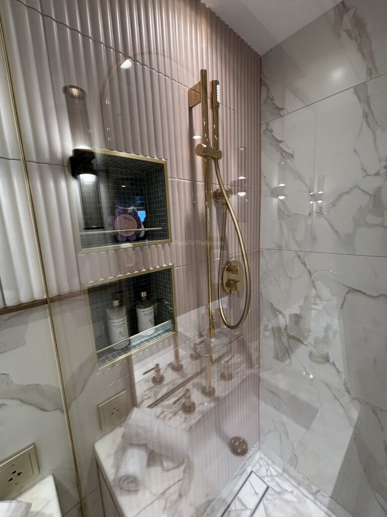 Interior view of a luxurious shower in a cruise ship stateroom, featuring gold fixtures, marble tiles, and products neatly arranged on a shelf.