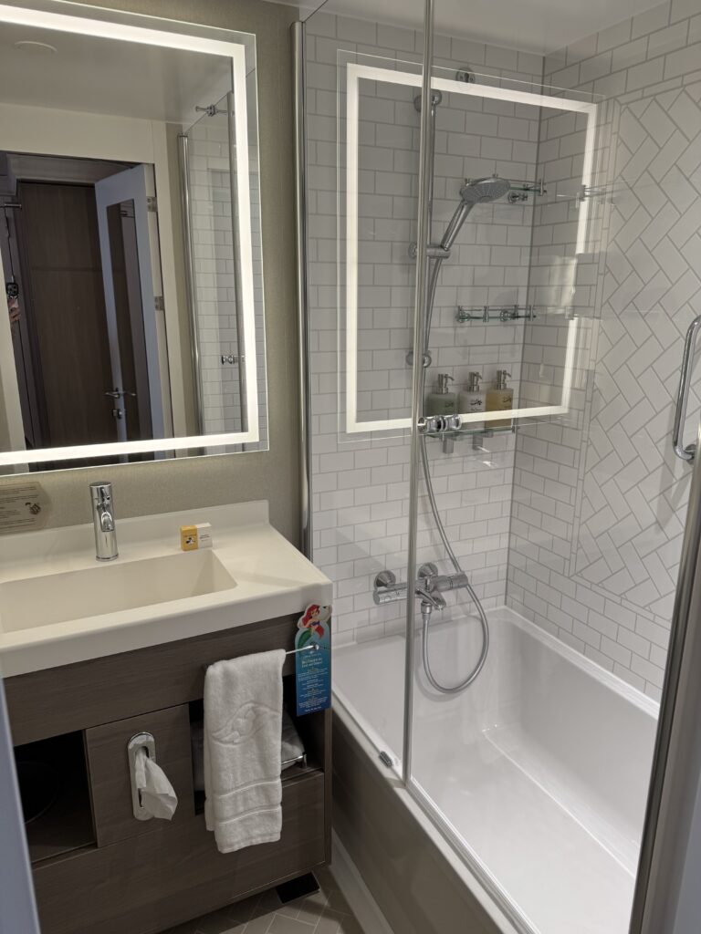 Modern bathroom featuring a glass shower, a sink with a large mirror, and toiletries, part of the 5A Deluxe Family Oceanview Stateroom on the Disney Destiny.