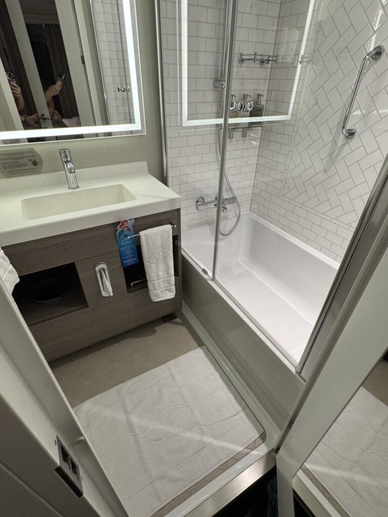 A well-designed bathroom in a cruise ship stateroom featuring a shower, bathtub, and modern amenities with lighted mirror and storage space.