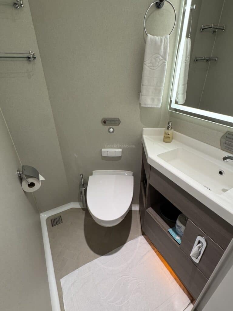 Interior view of a bathroom in a cruise ship stateroom, featuring a toilet, sink, and mirror with soft lighting.