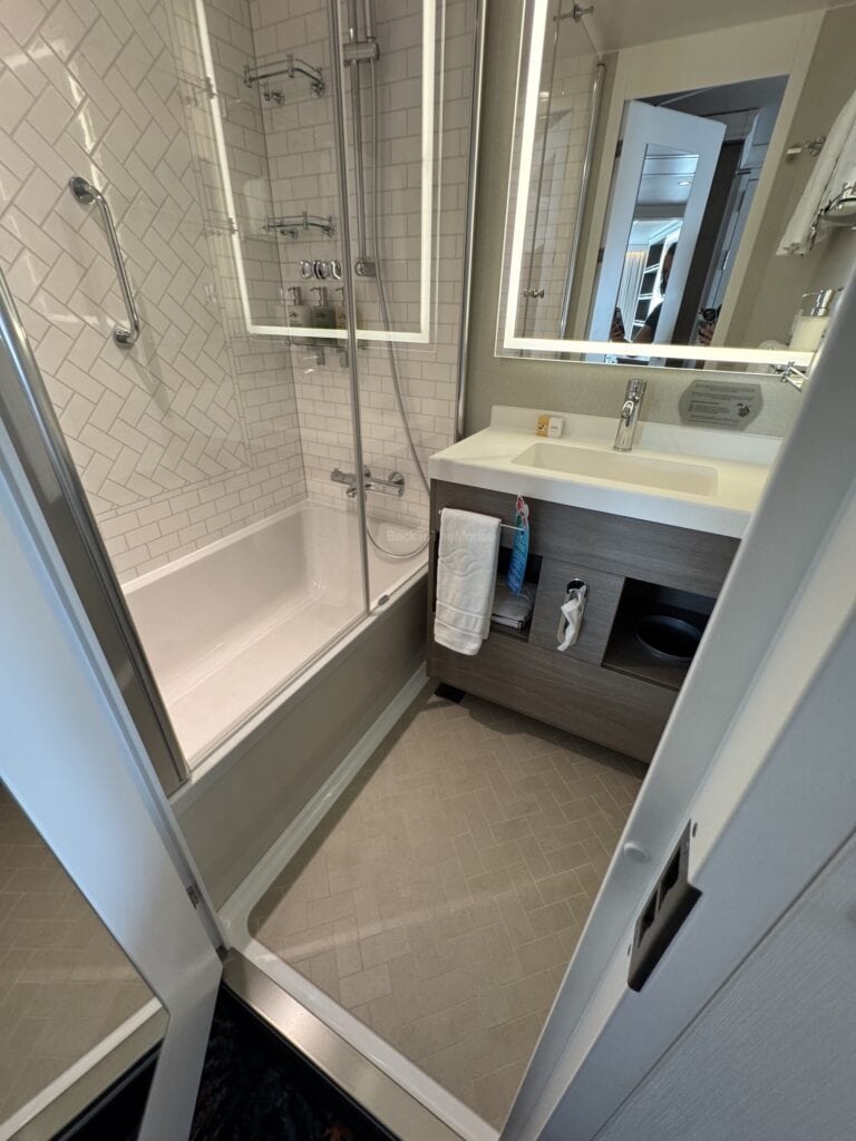 Interior view of a modern bathroom featuring a bathtub and a shower, with a large mirror, vanity sink, and storage space.