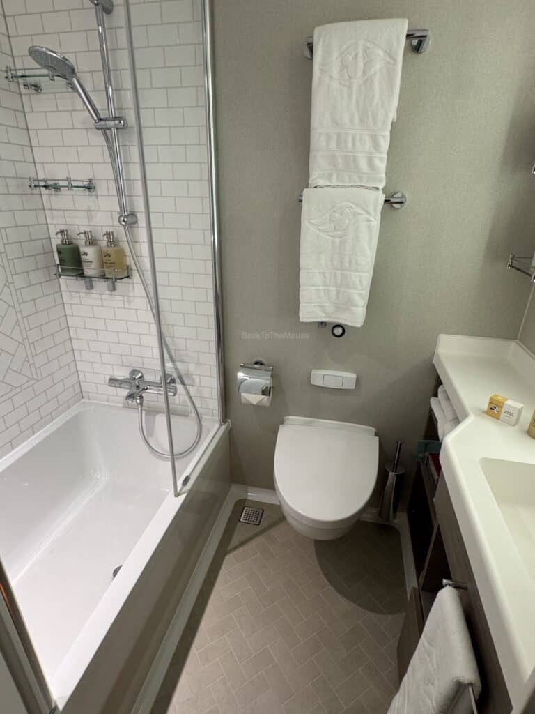 Interior view of a bathroom in a cruise stateroom featuring a shower with glass door, bathtub, toilet, and sink area. White towels are neatly displayed on a rack.