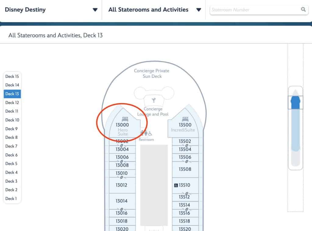 Map of Deck 13 on the Disney Destiny, highlighting Stateroom 13000, labeled as Hero Suite, along with surrounding staterooms and amenities.