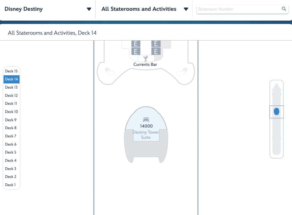 Map layout of Deck 14 on the Disney Destiny cruise ship showing the location of Stateroom 14000, labeled as the Destiny Tower Suite.