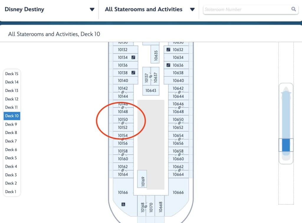 Deck plan of the Disney Destiny highlighting Stateroom 10150 on Deck 10.