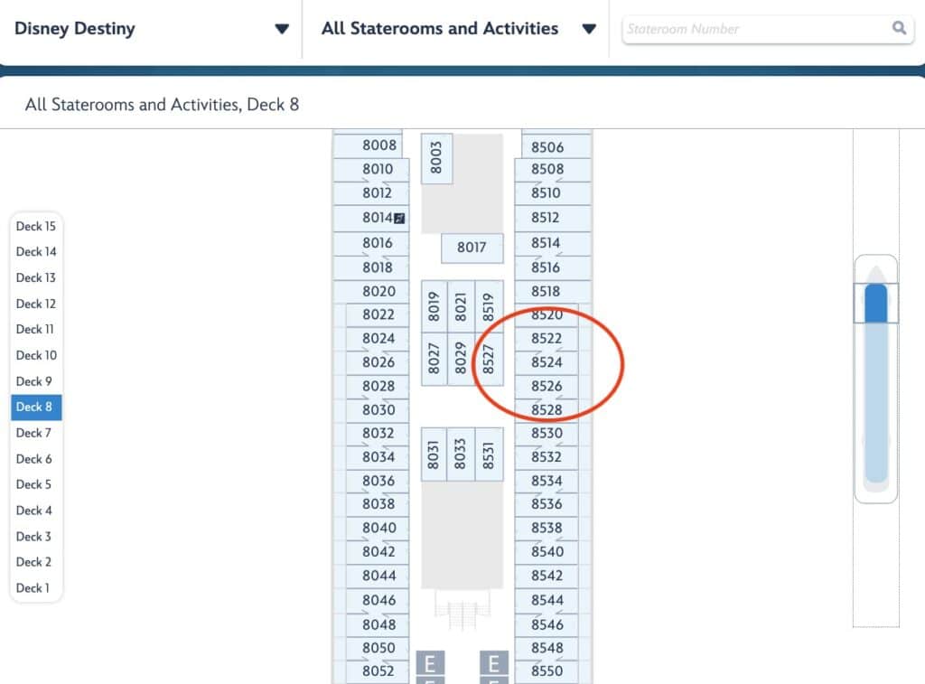 A marked layout of the Disney Destiny ship's Deck 8, highlighting Stateroom 8524, a 5B Deluxe Oceanview Stateroom with Verandah.