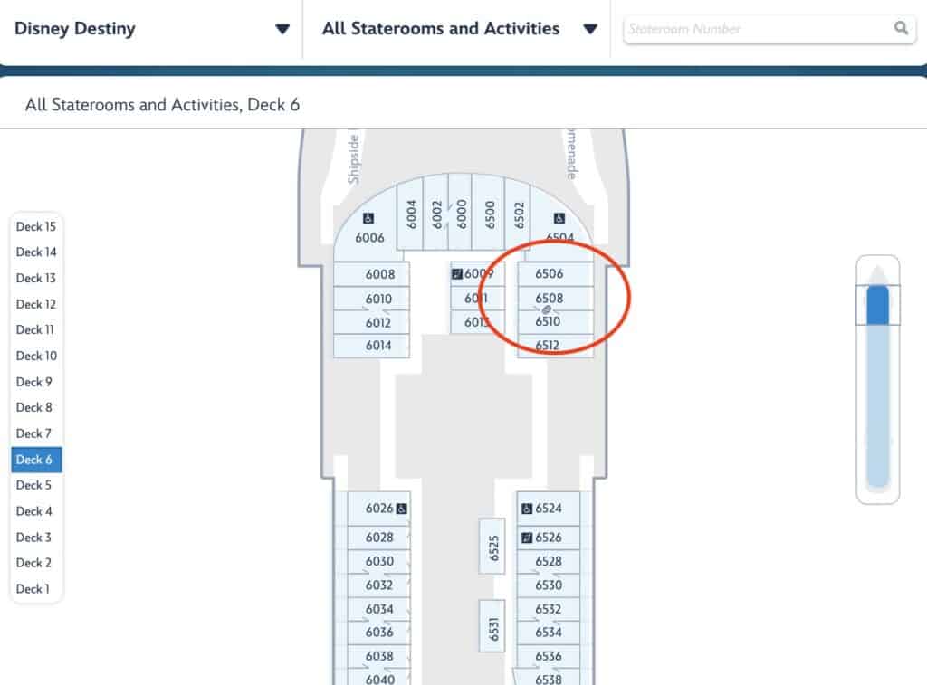 A deck plan of the Disney Destiny cruise ship, highlighting Stateroom 6508 in red on Deck 6.