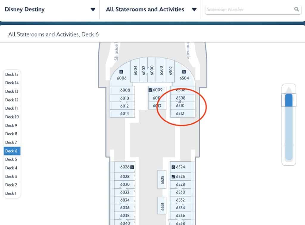 A map of Deck 6 on the Disney Destiny cruise ship, highlighting the location of Stateroom 6510 along with other nearby staterooms.